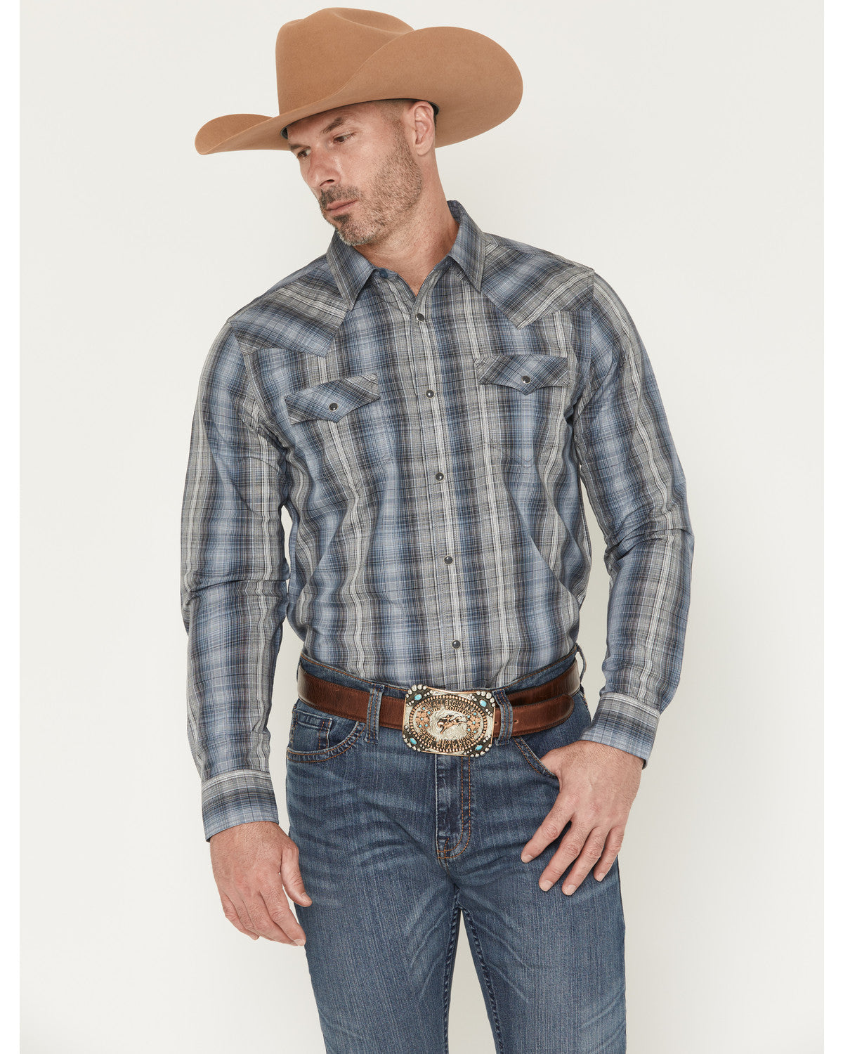 Men's Wild Creek Plaid Print Long Sleeve Snap Western Shirt Blue