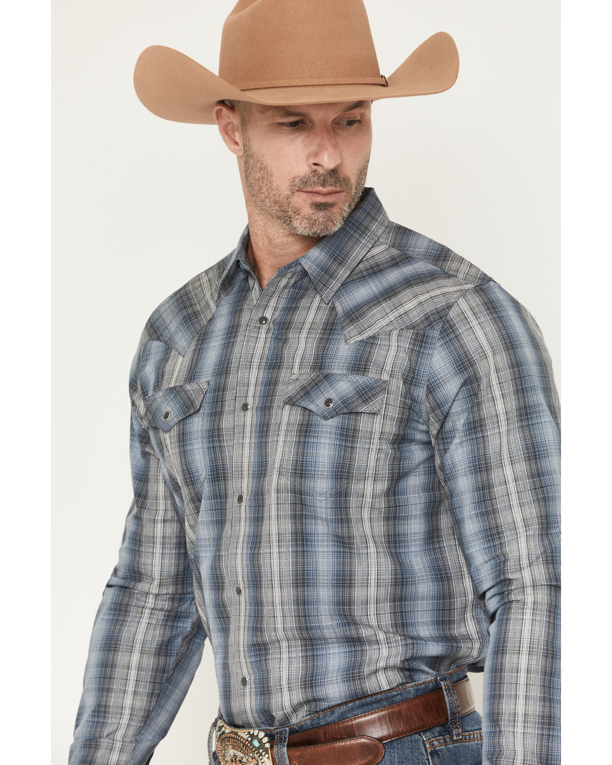 Men's Wild Creek Plaid Print Long Sleeve Snap Western Shirt Blue