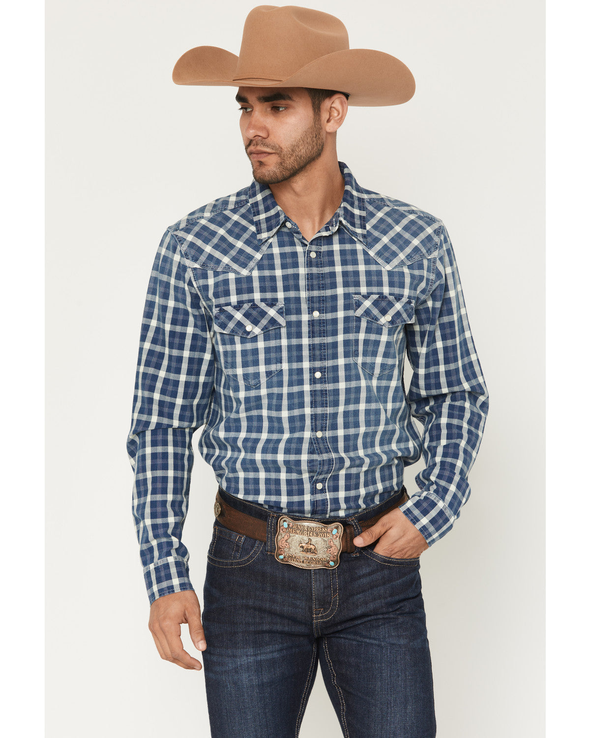 Men's Conaway Denim Plaid Print Long Sleeve Snap Western Sh Blue