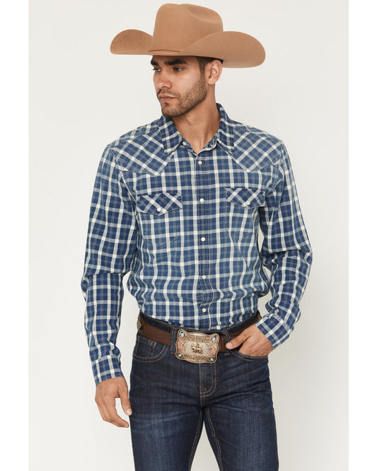 Men's Conaway Denim Plaid Print Long Sleeve Snap Western Sh Blue