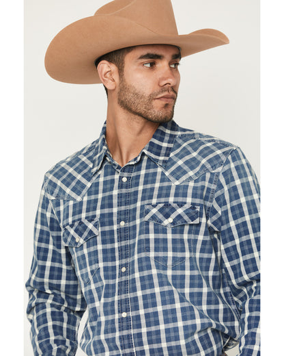 Men's Conaway Denim Plaid Print Long Sleeve Snap Western Sh Blue