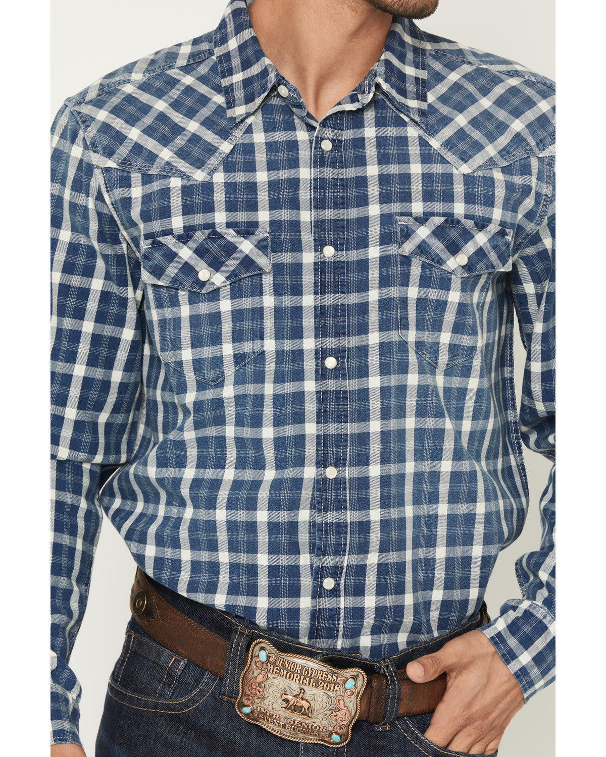 Men's Conaway Denim Plaid Print Long Sleeve Snap Western Sh Blue