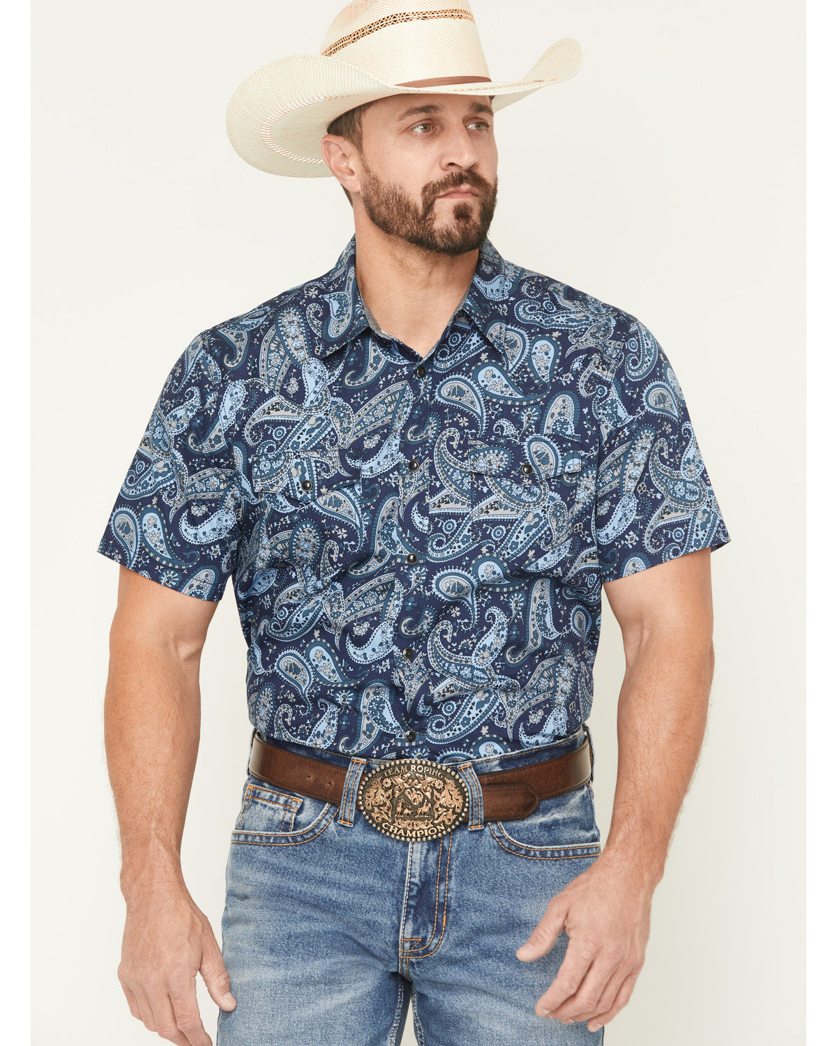 Men's Westward Paisley Print Short Sleeve Snap Western Shir Navy