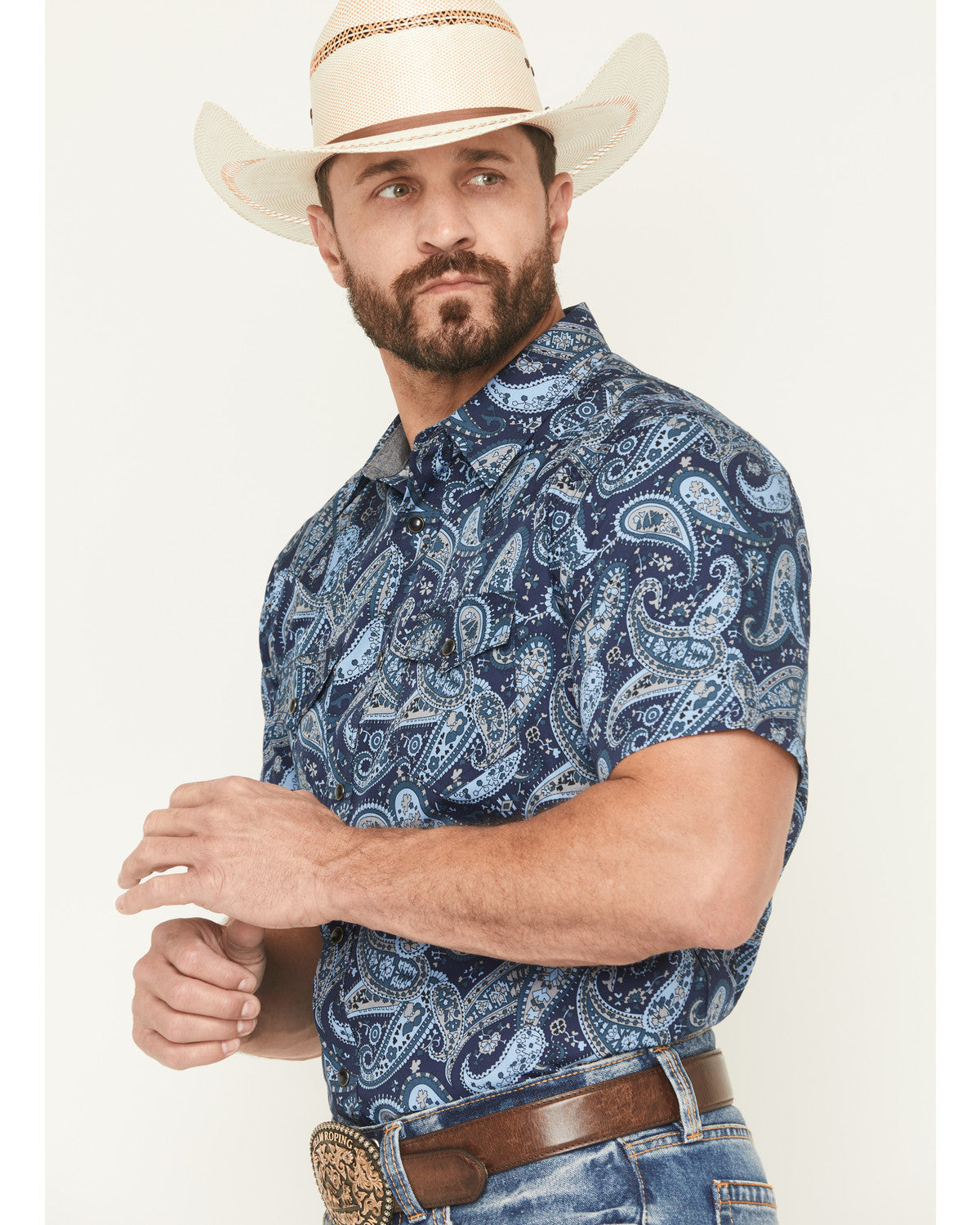 Men's Westward Paisley Print Short Sleeve Snap Western Shir Navy