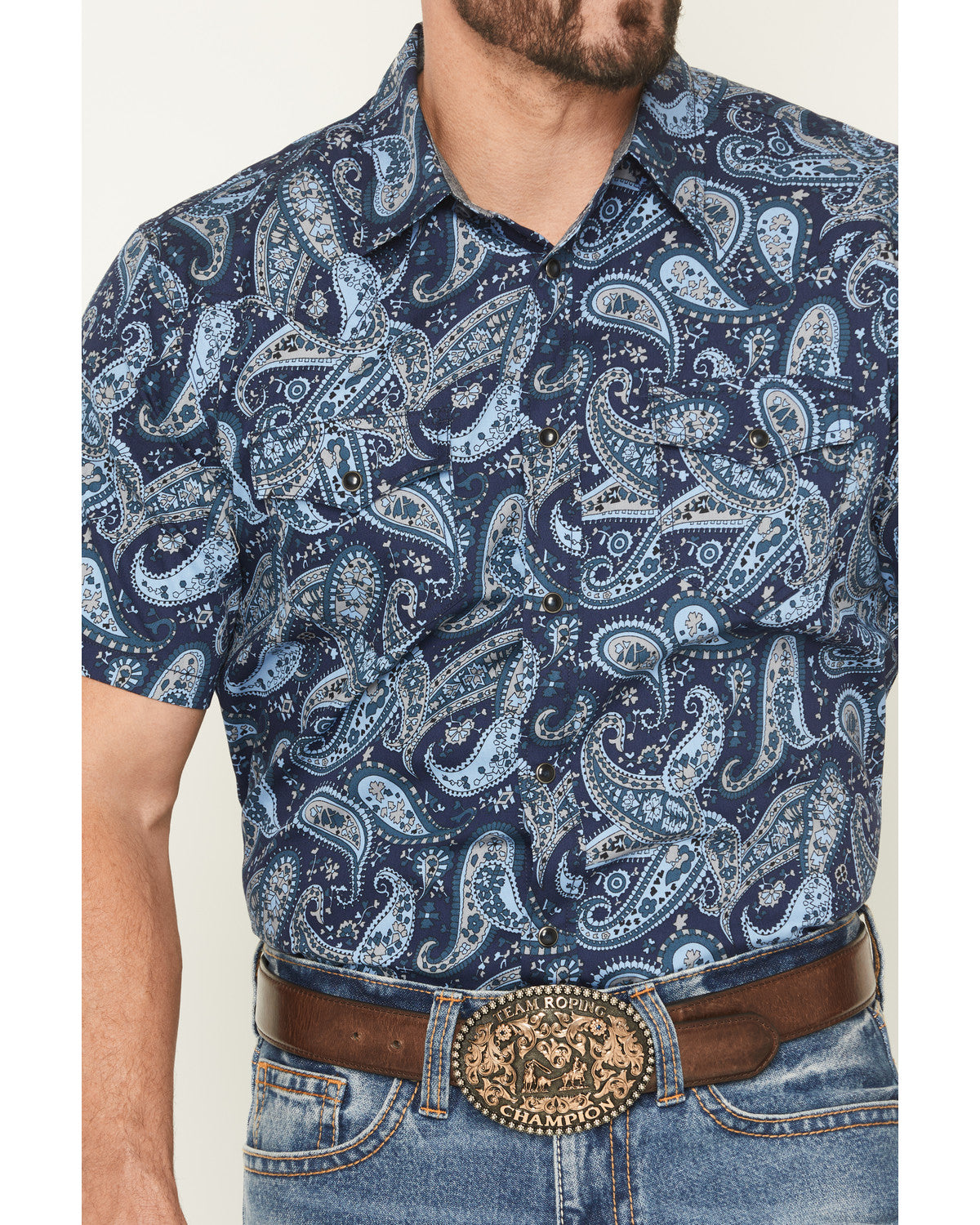 Men's Westward Paisley Print Short Sleeve Snap Western Shir Navy