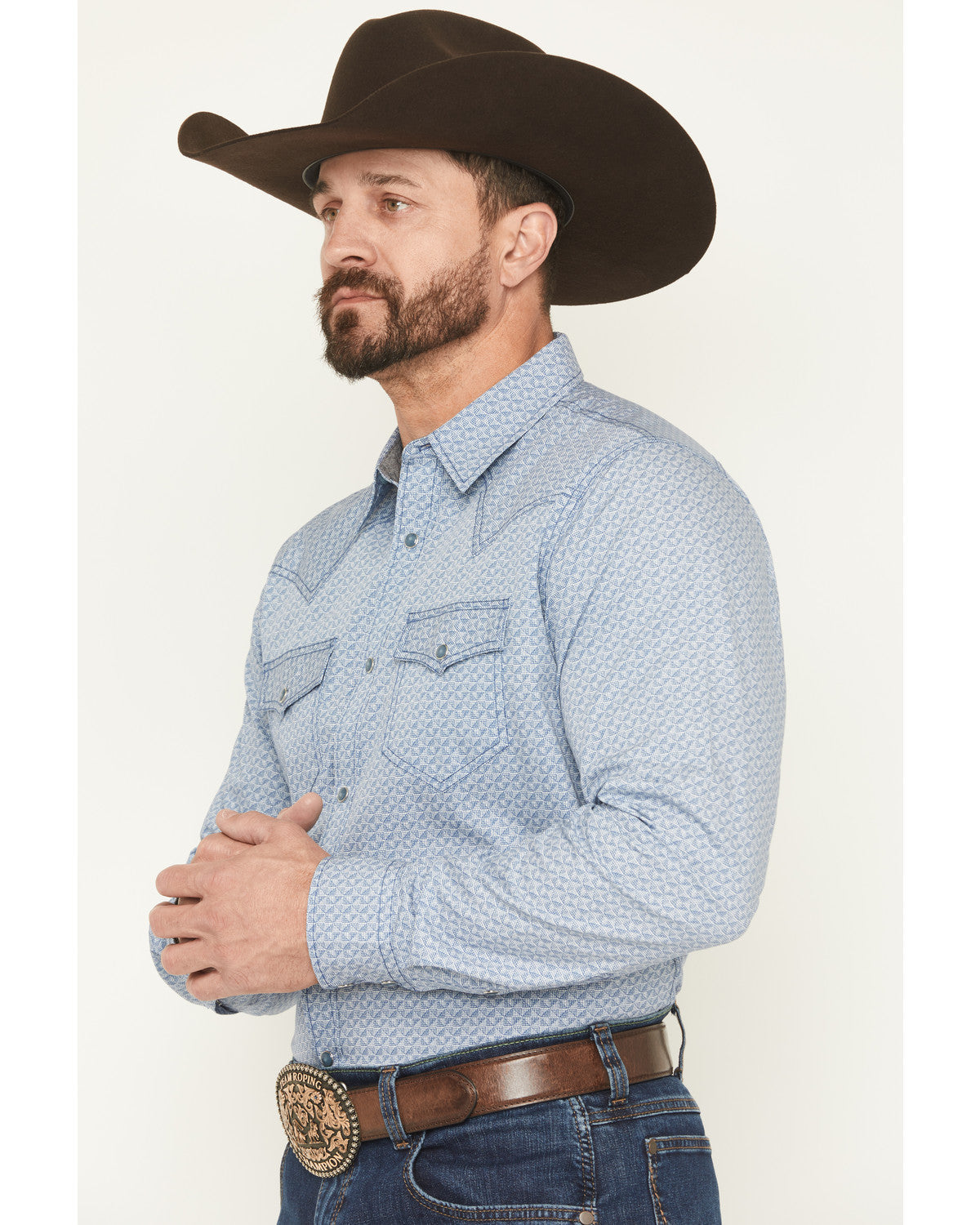 Men's Coastal Cowboy Micro Geo Print Long Sleeve Snap Weste Blue