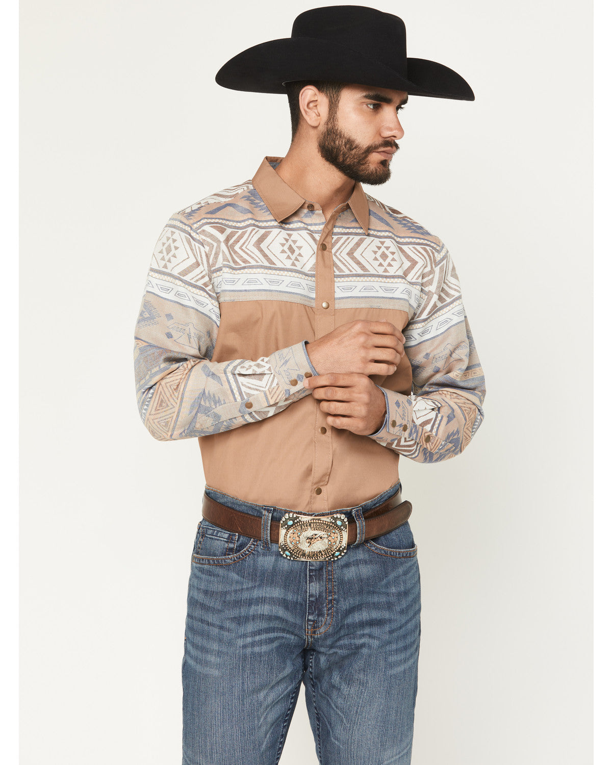 Men's Bronco Southwestern Block Long Sleeve Snap Western Sh Tan