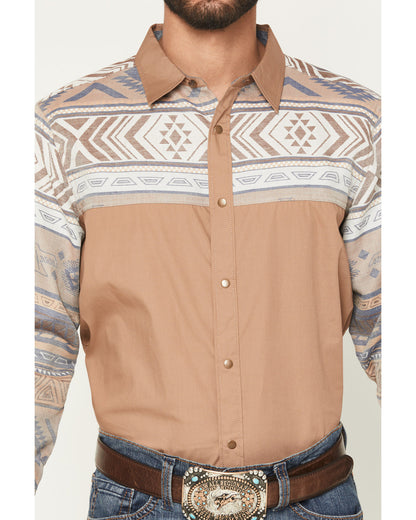 Men's Bronco Southwestern Block Long Sleeve Snap Western Sh Tan