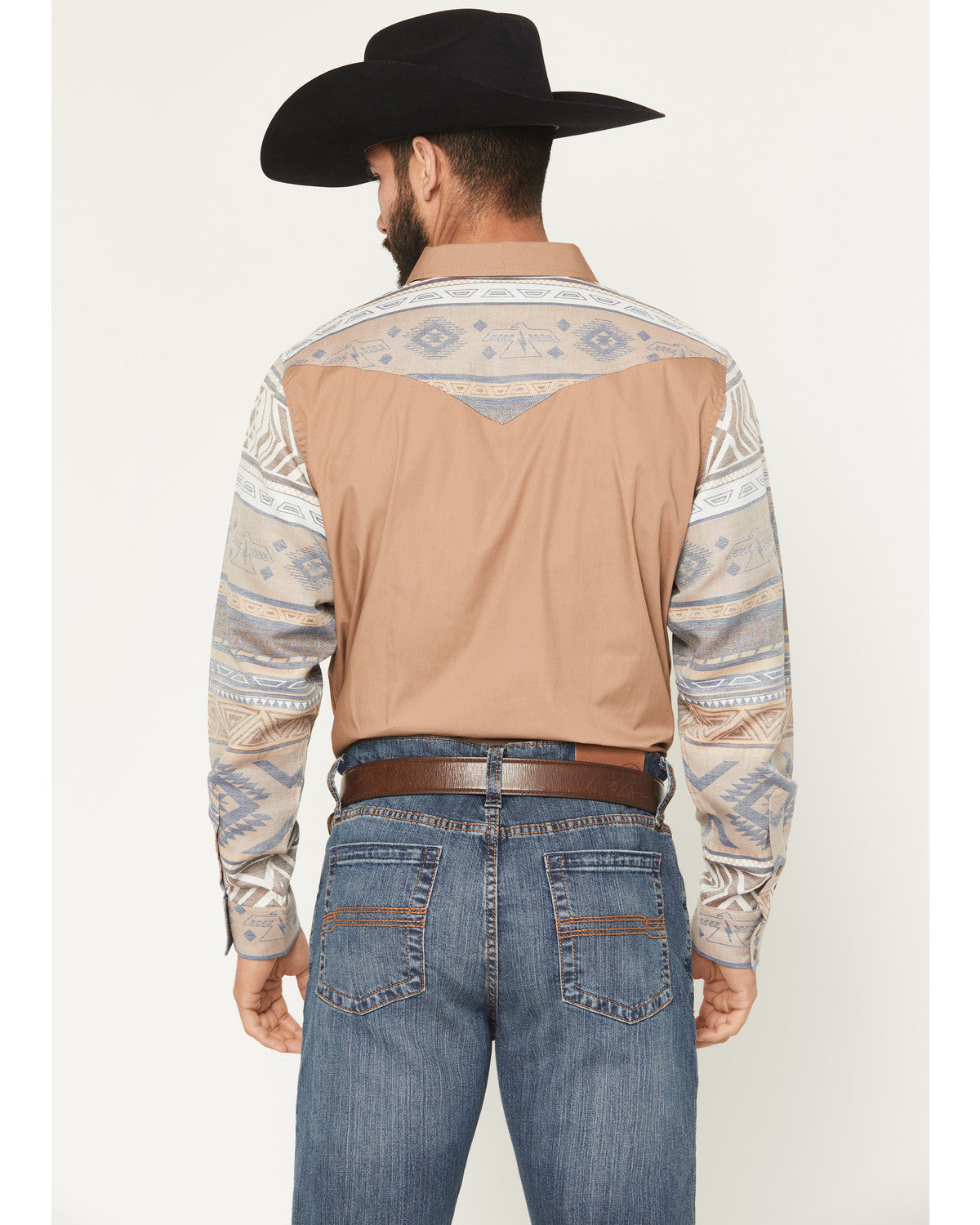 Men's Bronco Southwestern Block Long Sleeve Snap Western Sh Tan