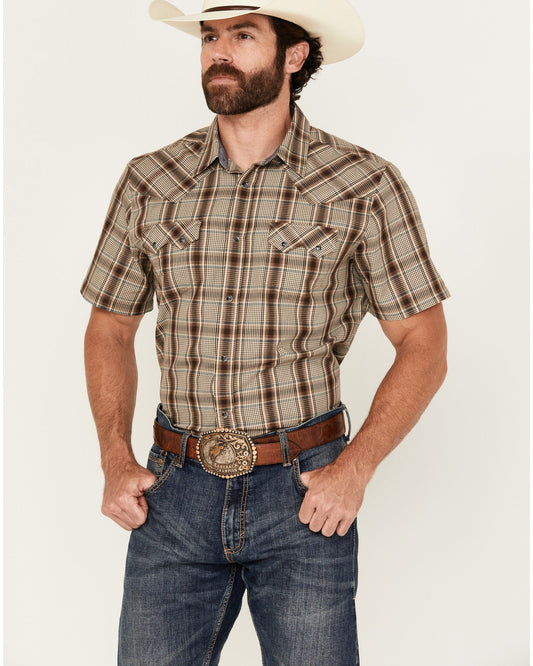 Men's Poncho Plaid Print Short Sleeve Snap Western Shirt - Brown