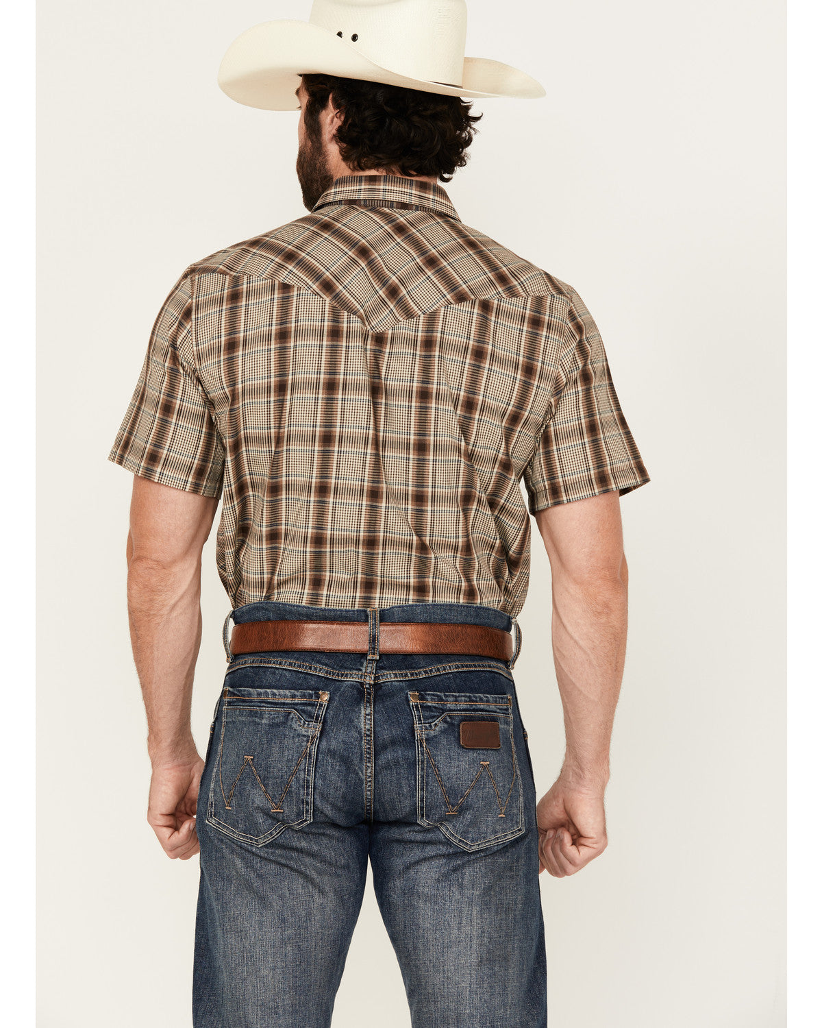 Men's Poncho Plaid Print Short Sleeve Snap Western Shirt - Brown