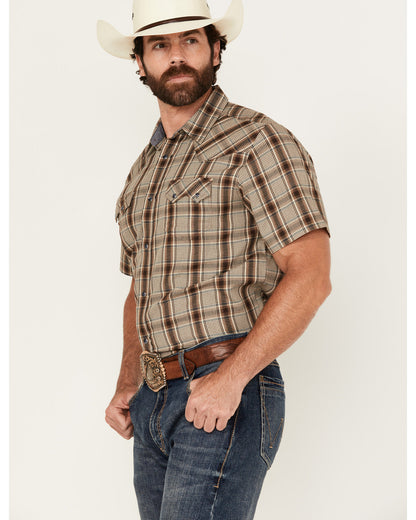 Men's Poncho Plaid Print Short Sleeve Snap Western Shirt - Brown