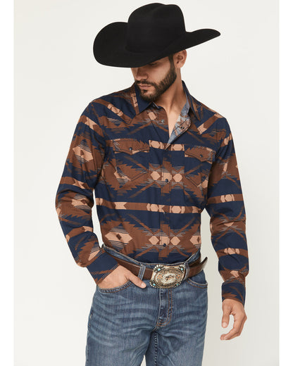 Men's Red River Range Southwestern Print Long Sleeve Snap W Burgundy
