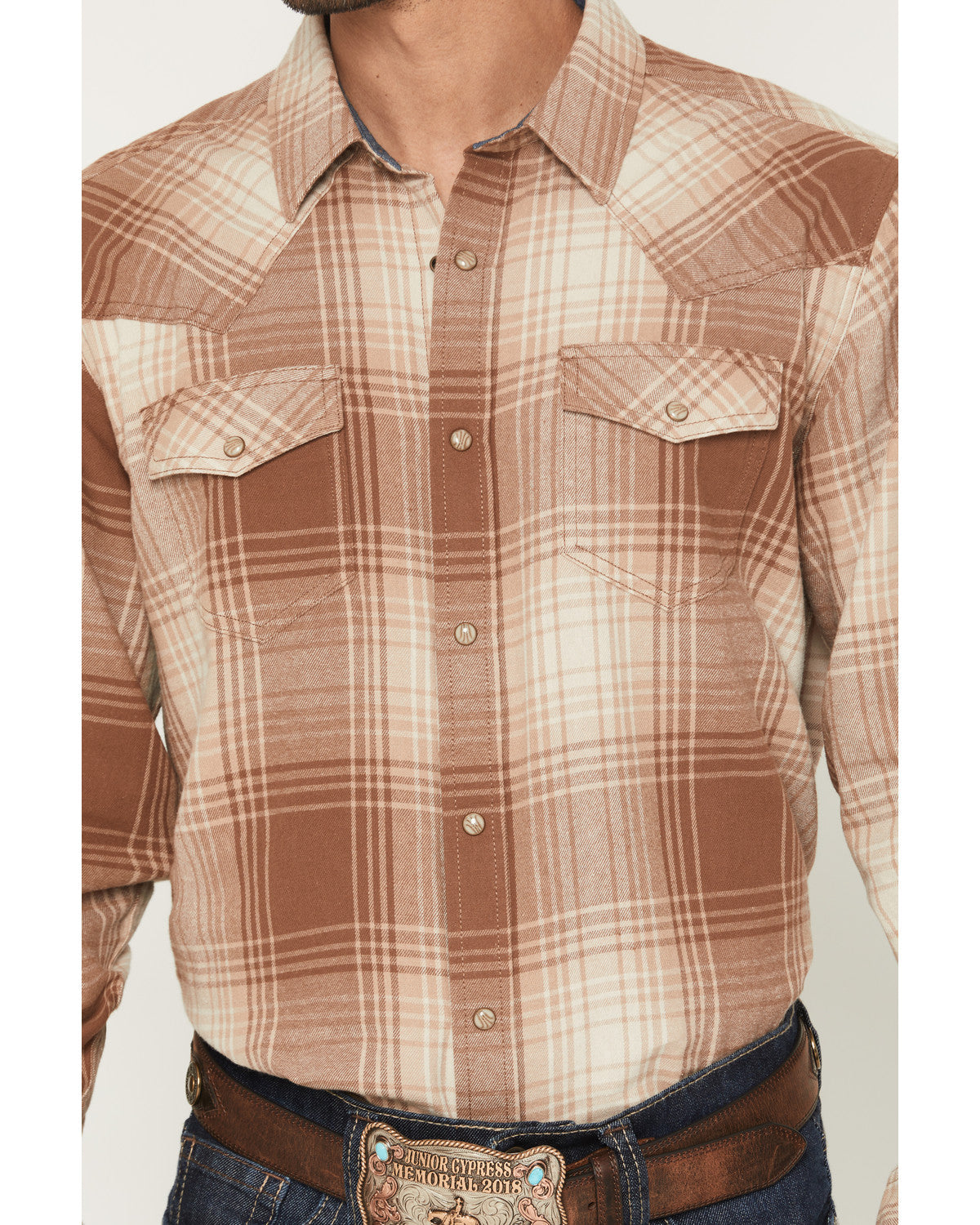 Men's Smoke Mountain Plaid Print Long Sleeve Snap Flannel S Lt Brown