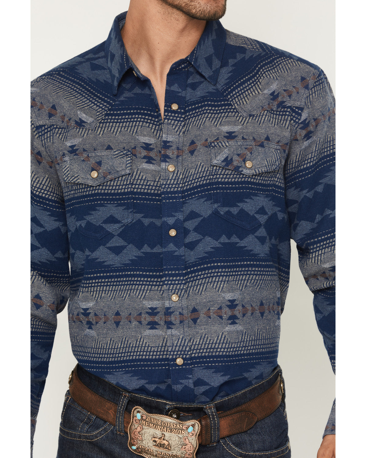 Men's Arrow Bear Southwestern Long Sleeve Snap Flannel Shir Blue