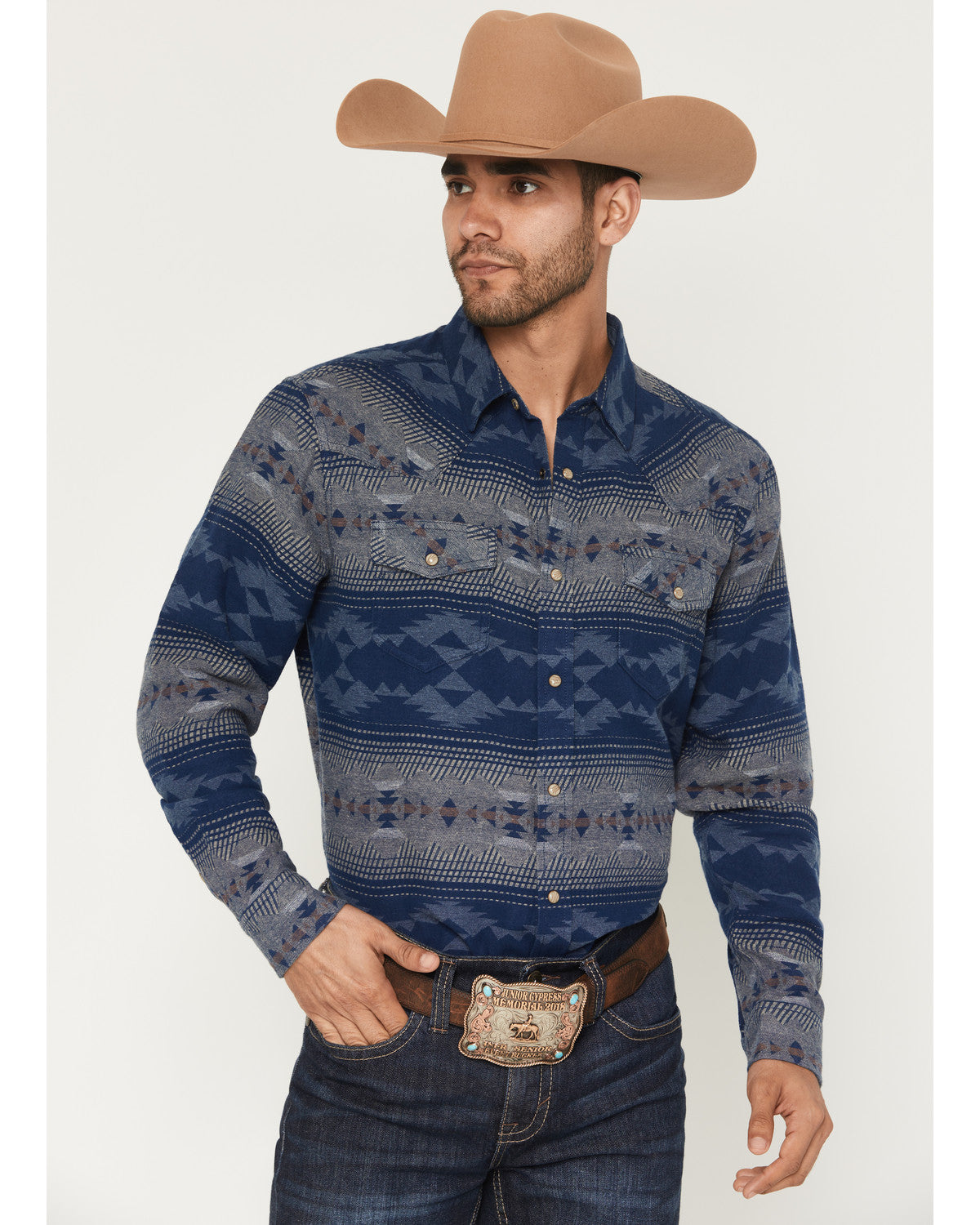 Men's Arrow Bear Southwestern Long Sleeve Snap Flannel Shir Blue