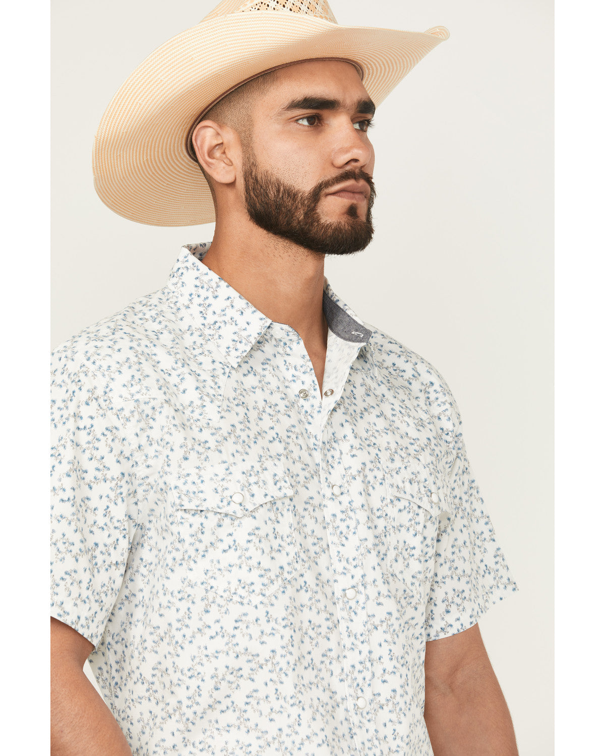 Rodeo Drive Floral Print Short Sleeve Snap Western Shirt - White
