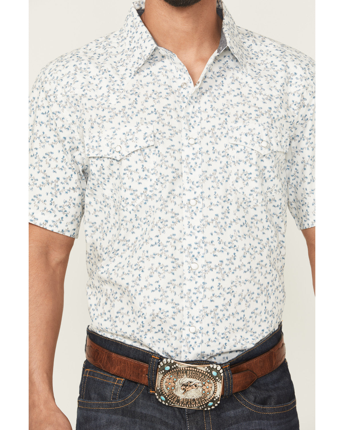 Rodeo Drive Floral Print Short Sleeve Snap Western Shirt White