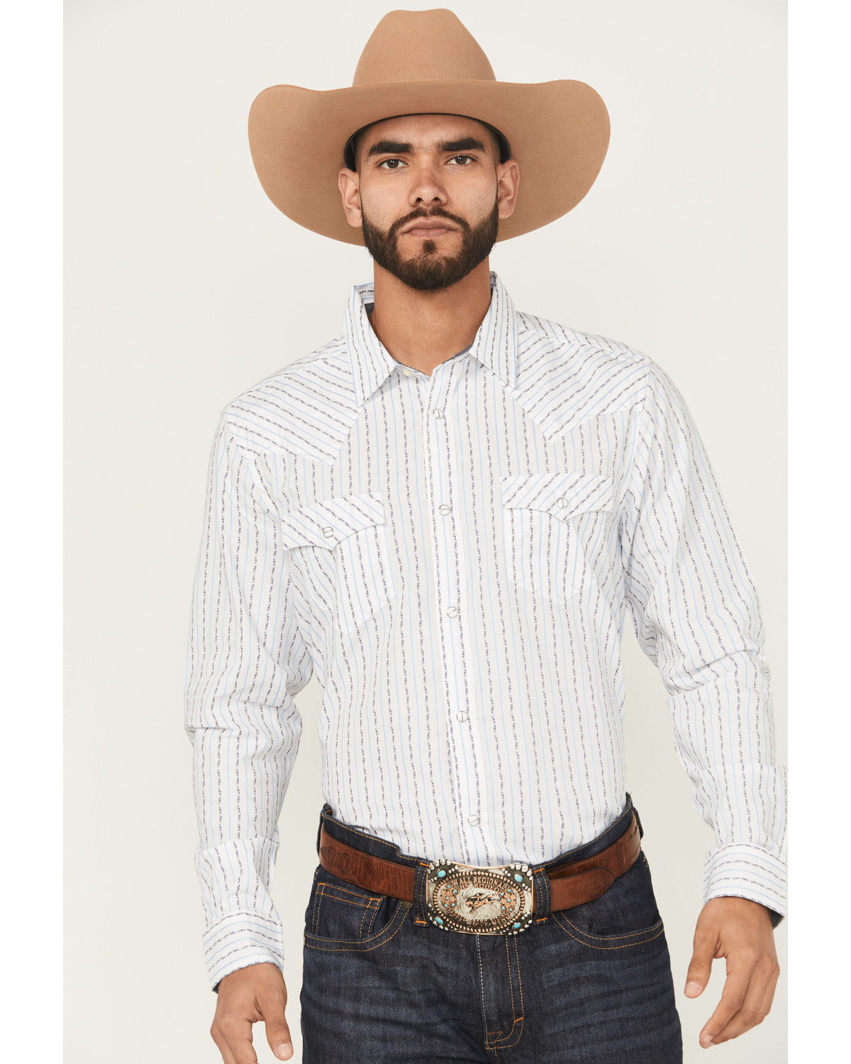 Men's Wild West Striped Long Sleeve Snap Western Shirt White