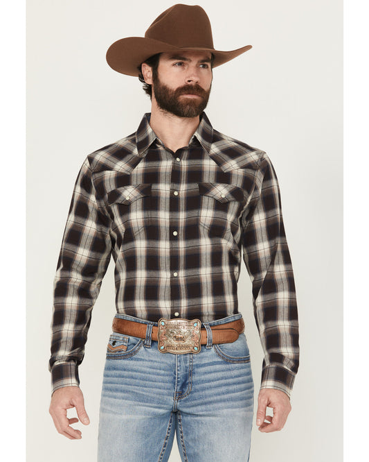 Men's Cowboy Code Plaid Print Long Sleeve Snap Western Shir Brown