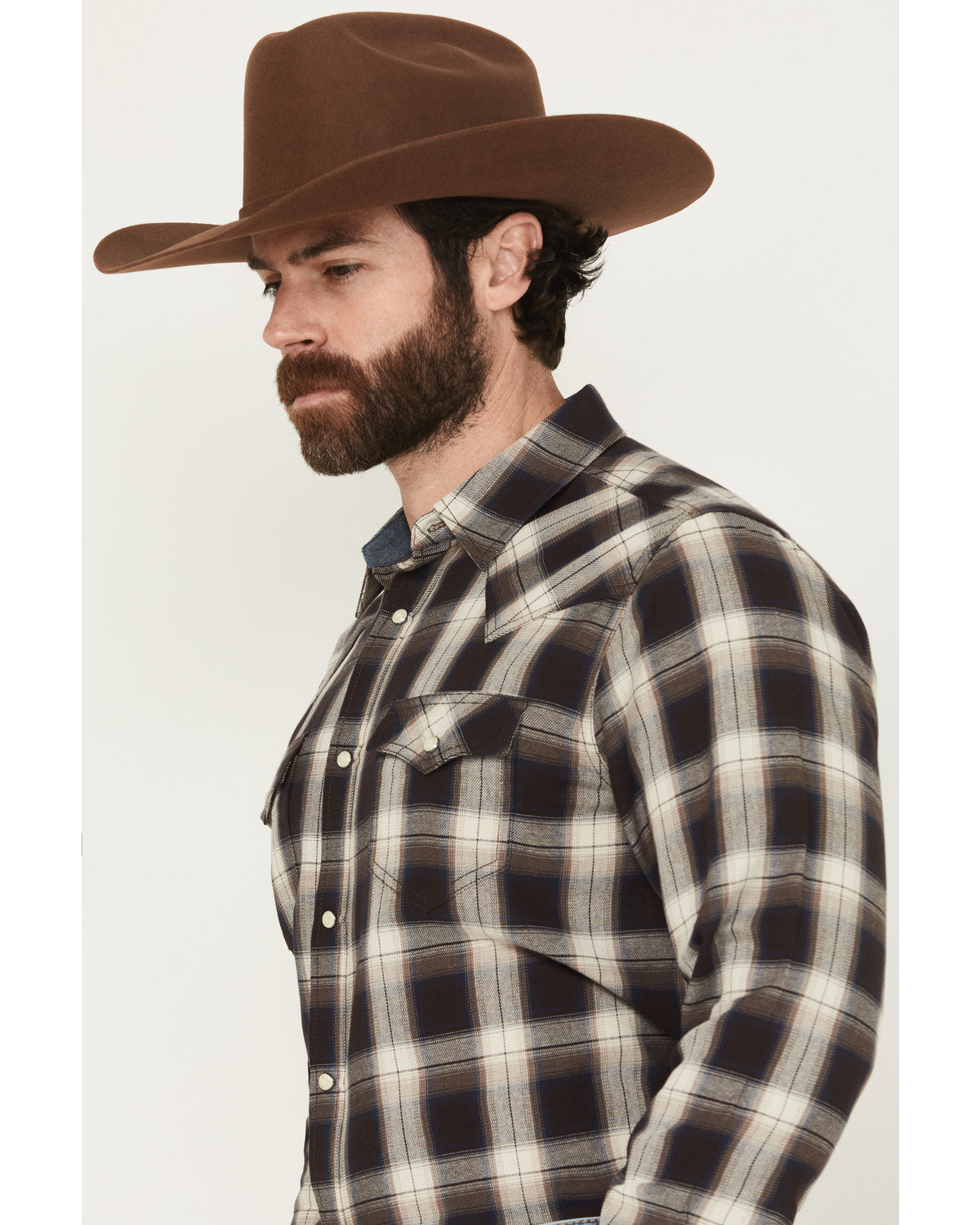 Men's Cowboy Code Plaid Print Long Sleeve Snap Western Shir Brown