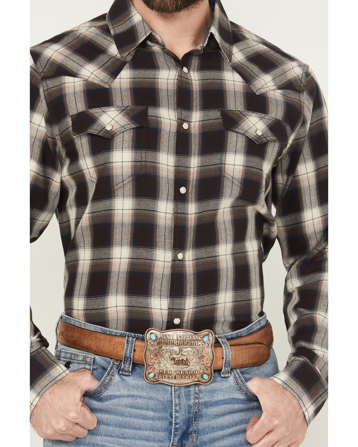 Men's Cowboy Code Plaid Print Long Sleeve Snap Western Shir Brown