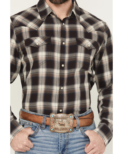 Men's Cowboy Code Plaid Print Long Sleeve Snap Western Shir Brown