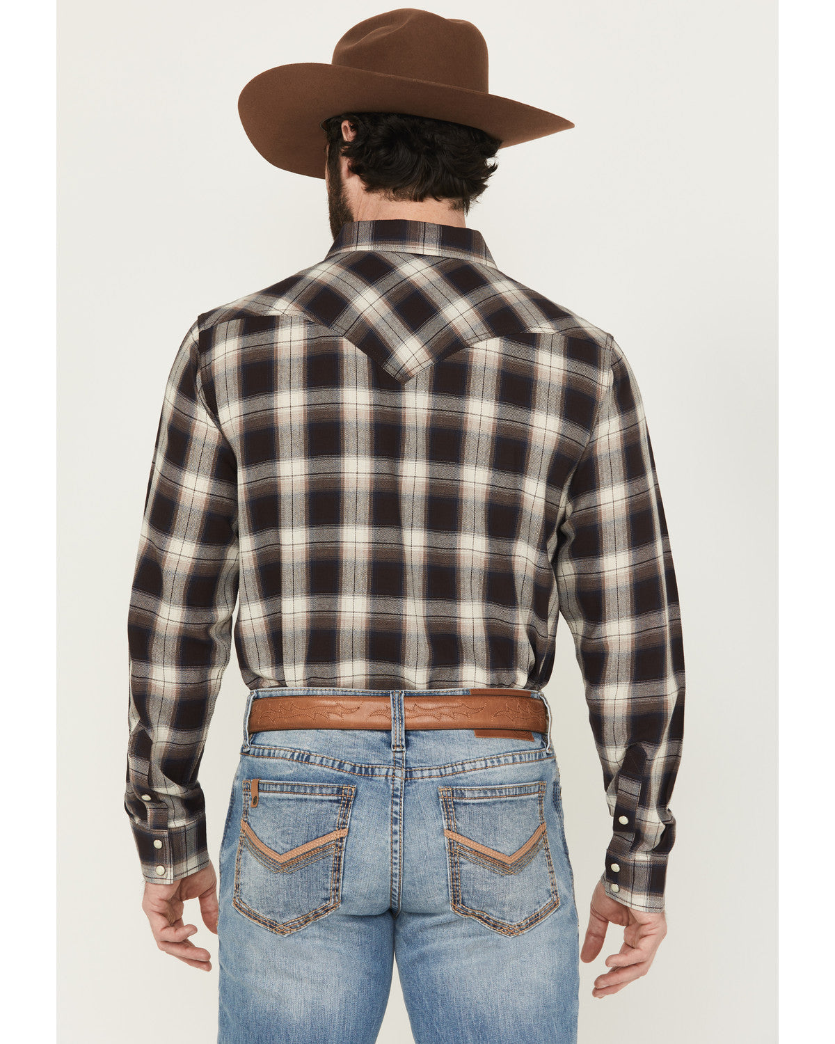 Men's Cowboy Code Plaid Print Long Sleeve Snap Western Shir Brown