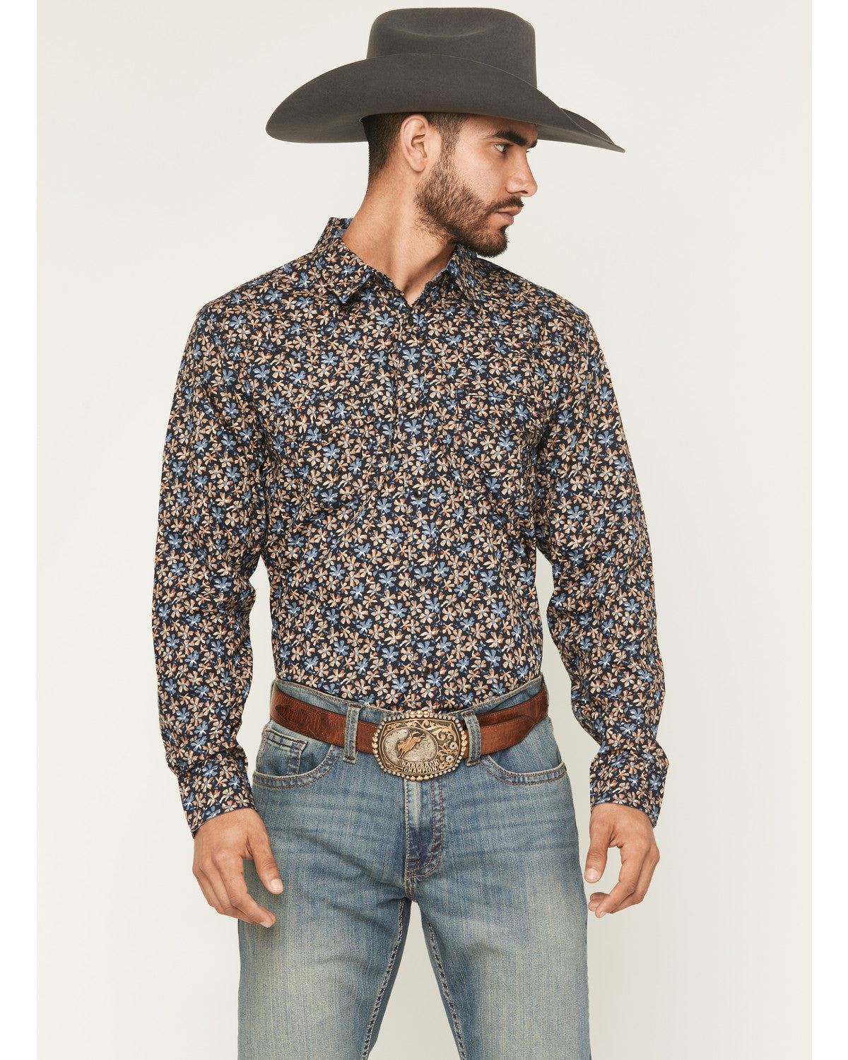 Men's Howdy Haven Floral Print Long Sleeve Snap Western Shi Blue