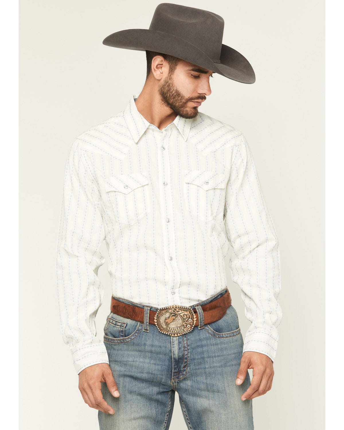 Men's Wyatt Stripe Print Long Sleeve Snap Western Shirt White