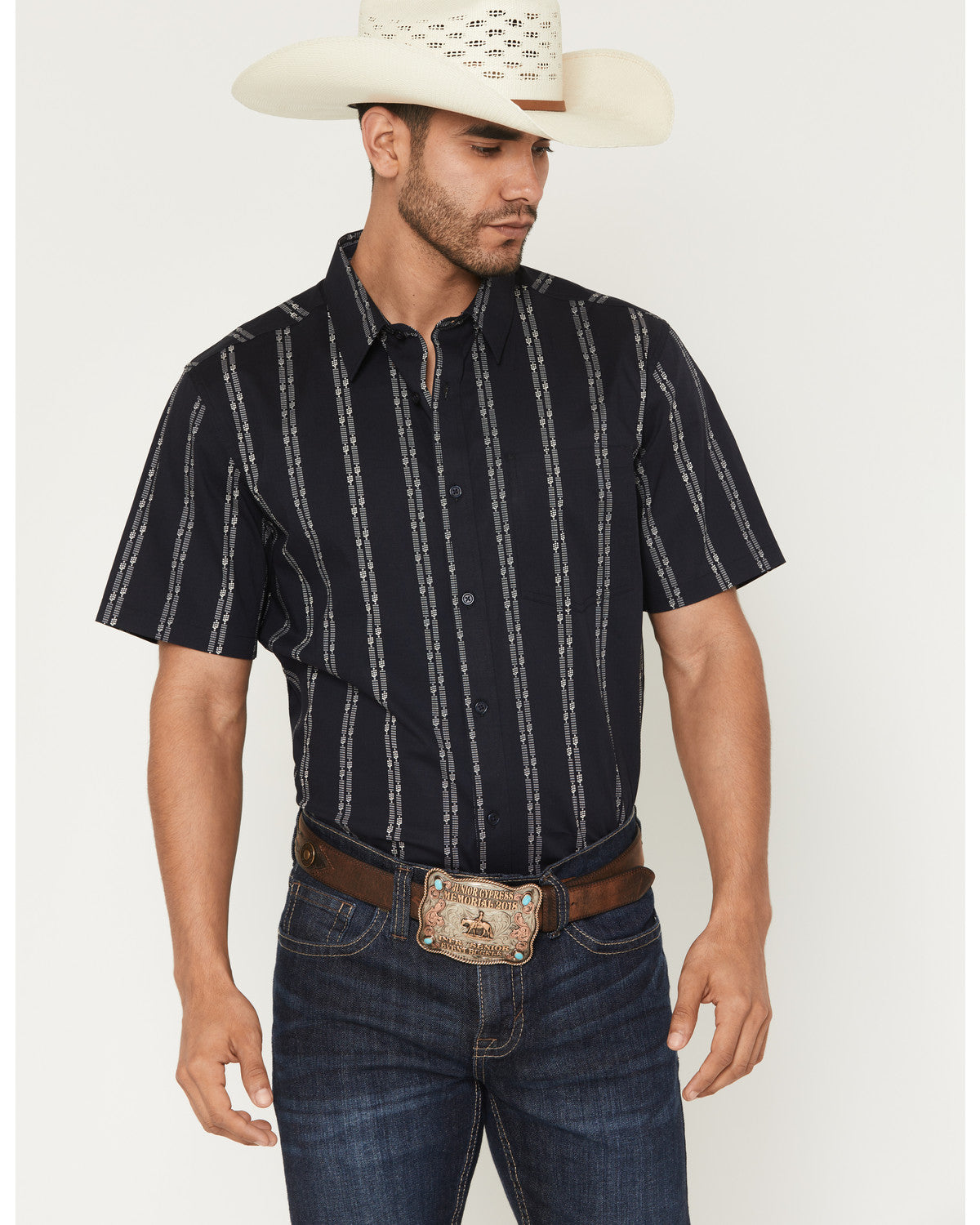 Men's Colorado Ridge Striped Short Sleeve Button-Down Stret Dark Blue