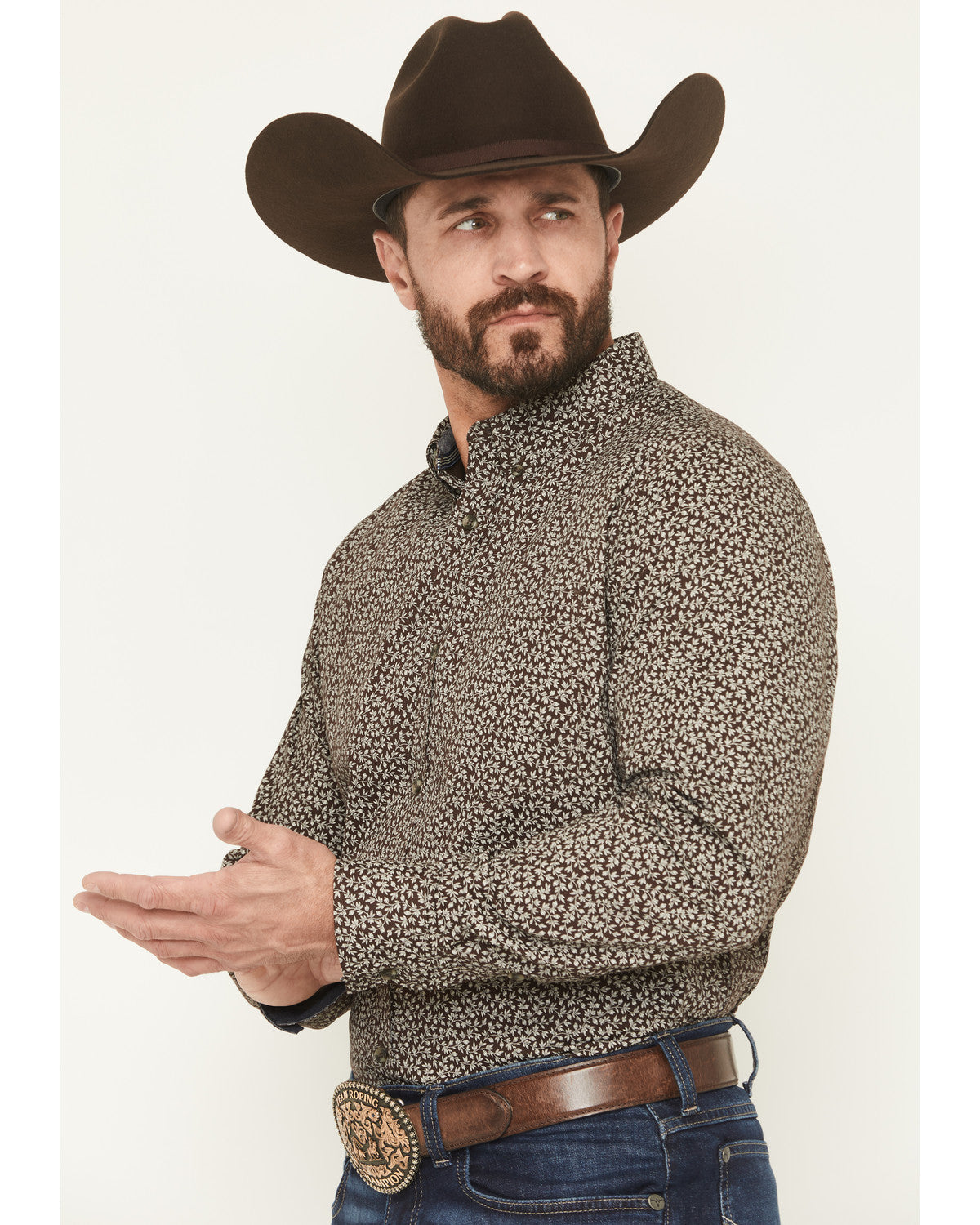 Men's Denali Ridge Micro Floral Print Long Sleeve Snap West Dark Brown