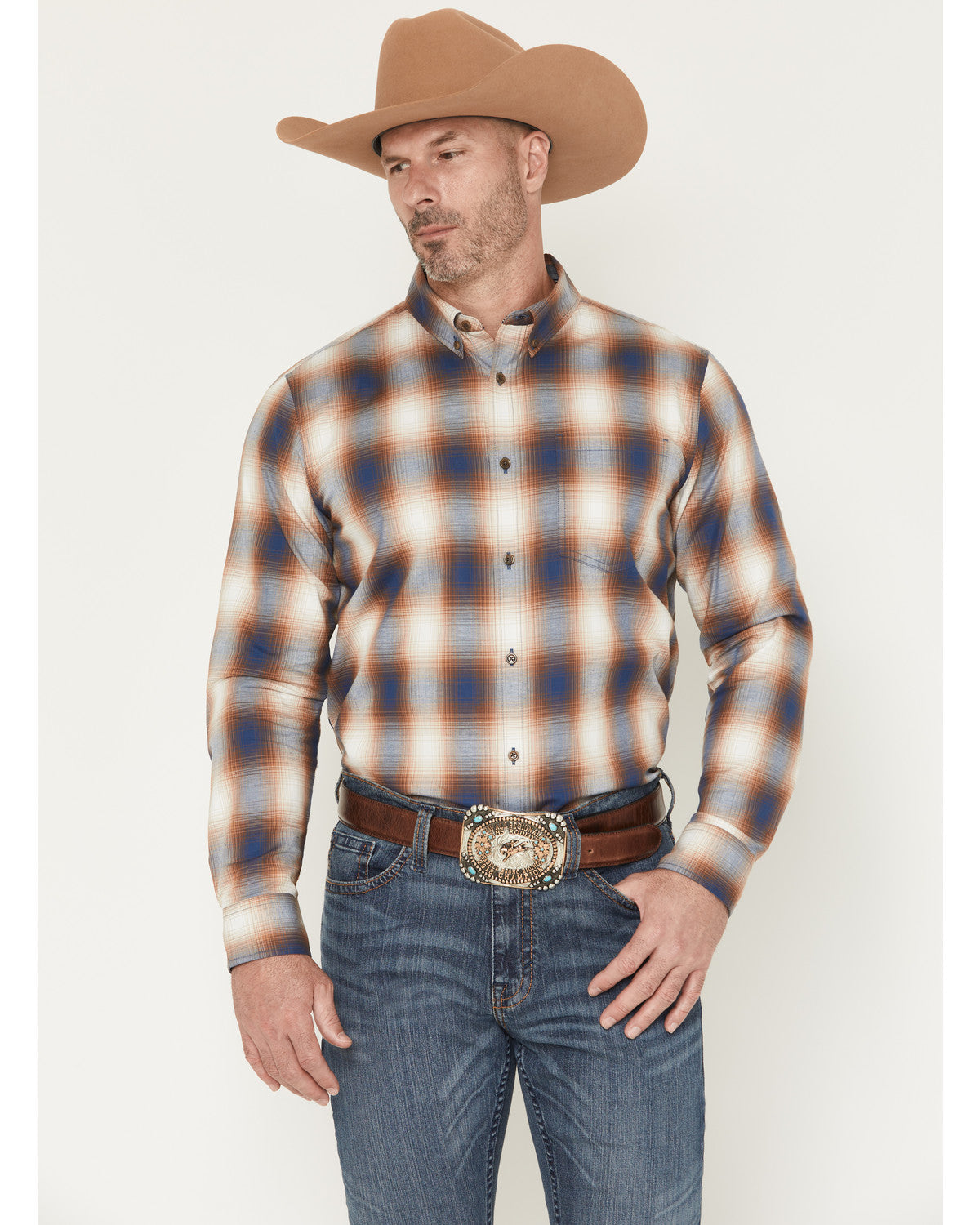Men's Warner Plaid Print Long Sleeve Button-Down Stretch We Tan