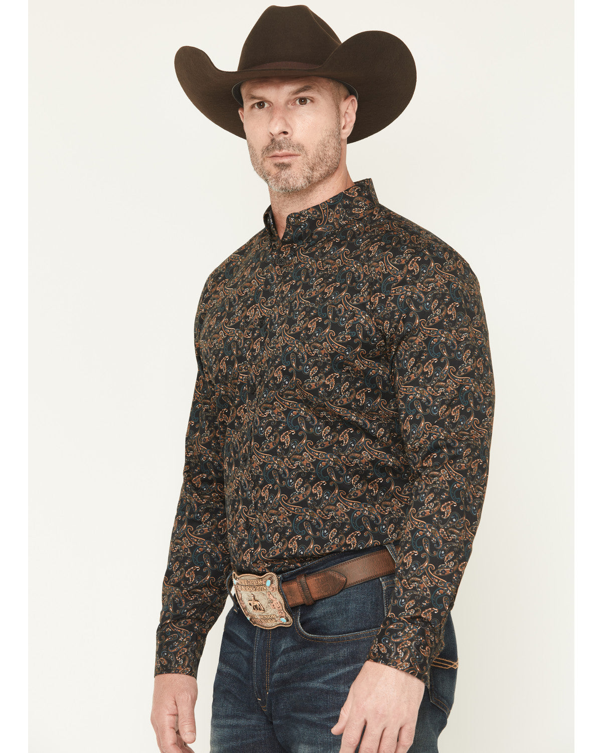 Men's Cumberland Paisley Print Long Sleeve Button-Down Stre Black