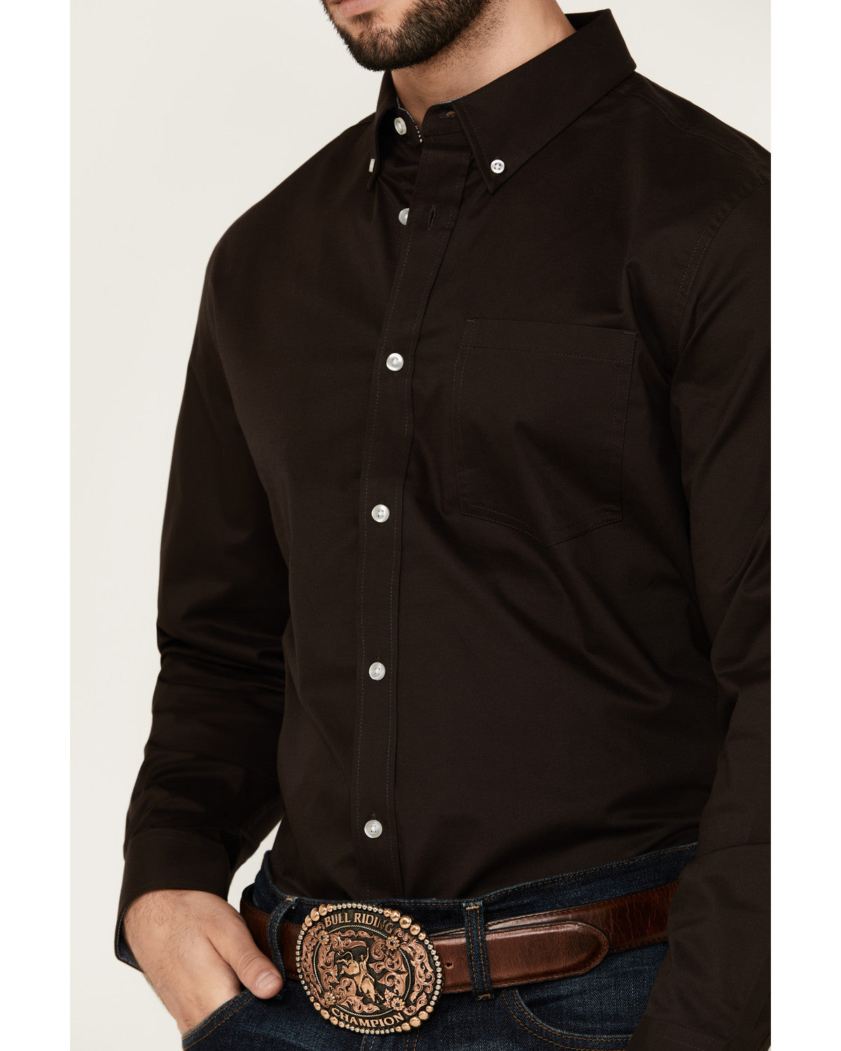 Men's Basic Solid Long Sleeve Button-Down Stretch Western S Brown