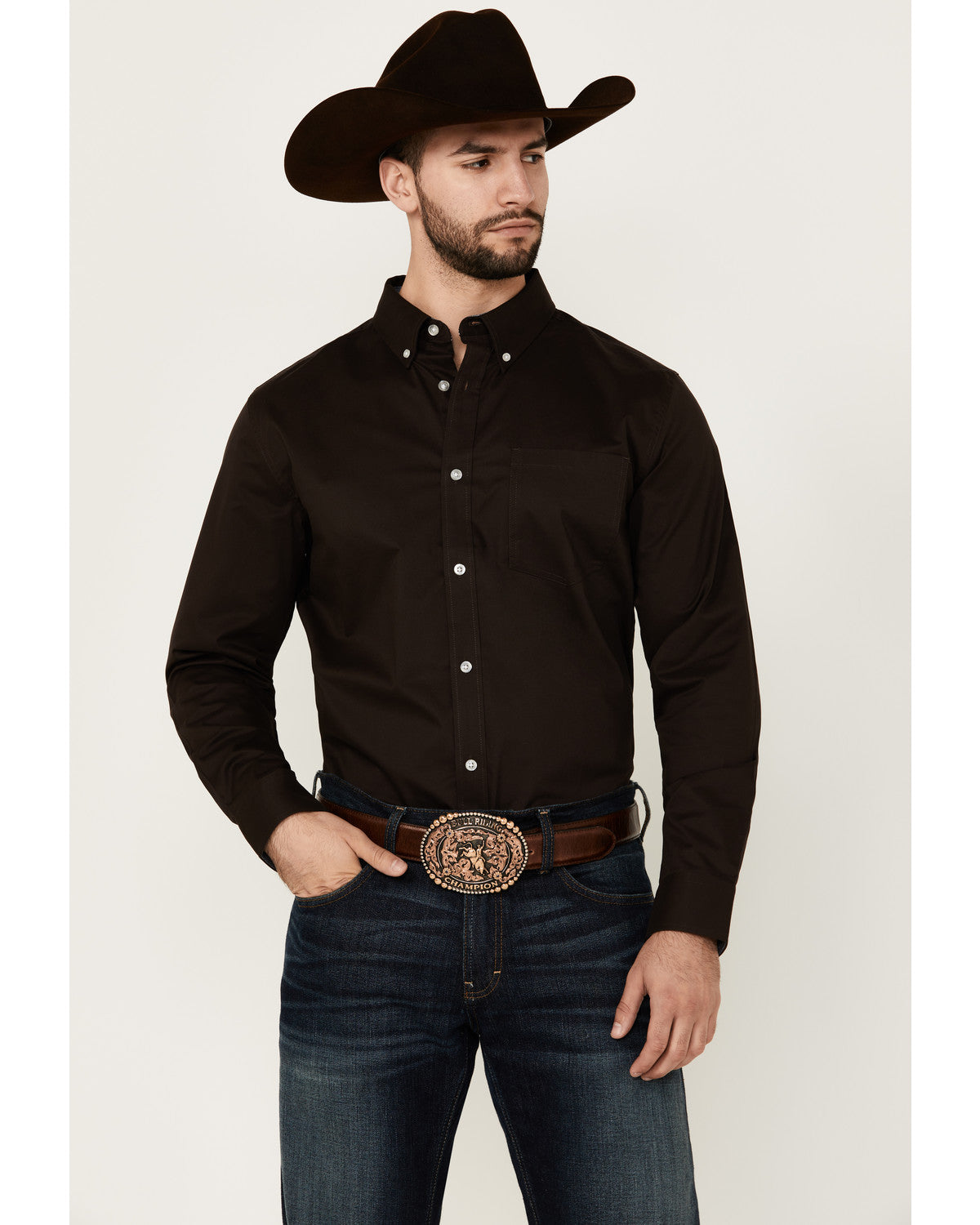 Men's Basic Solid Long Sleeve Button-Down Stretch Western S Brown