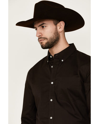 Men's Basic Solid Long Sleeve Button-Down Stretch Western S Brown