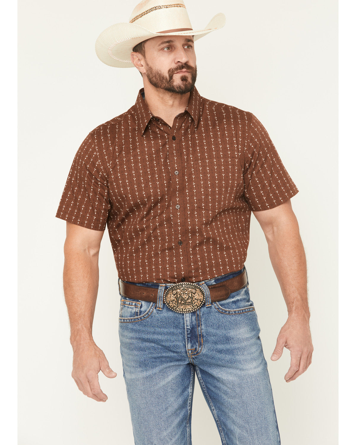 Men's Westward Floral Striped Short Sleeve Button-Down Stre Brown