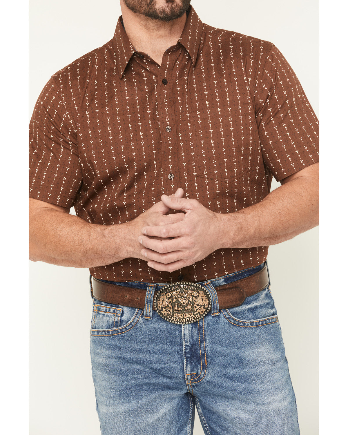 Men's Westward Floral Striped Short Sleeve Button-Down Stre Brown