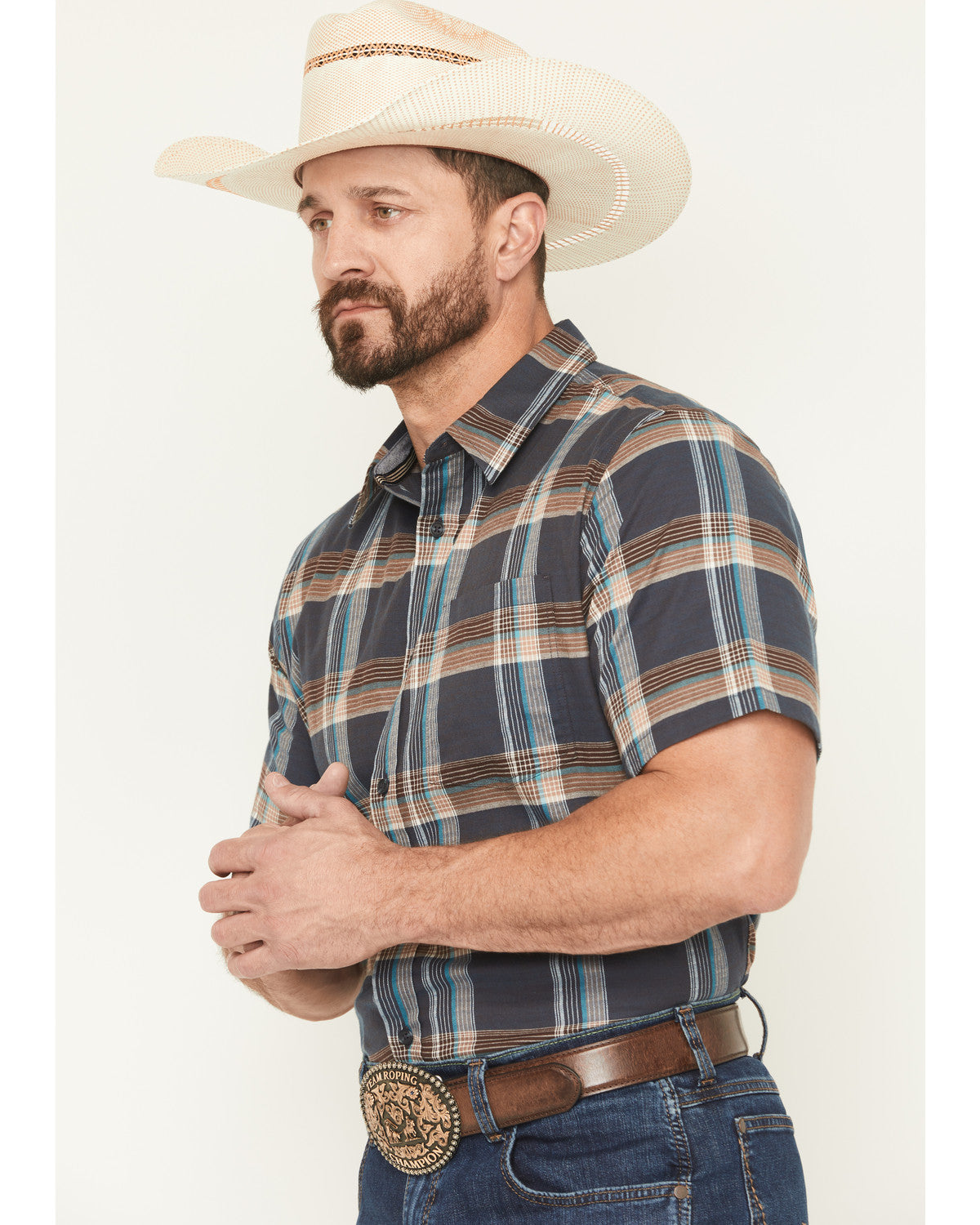 Men's High Plains Ranch Plaid Print Short Sleeve Button-Dow Navy