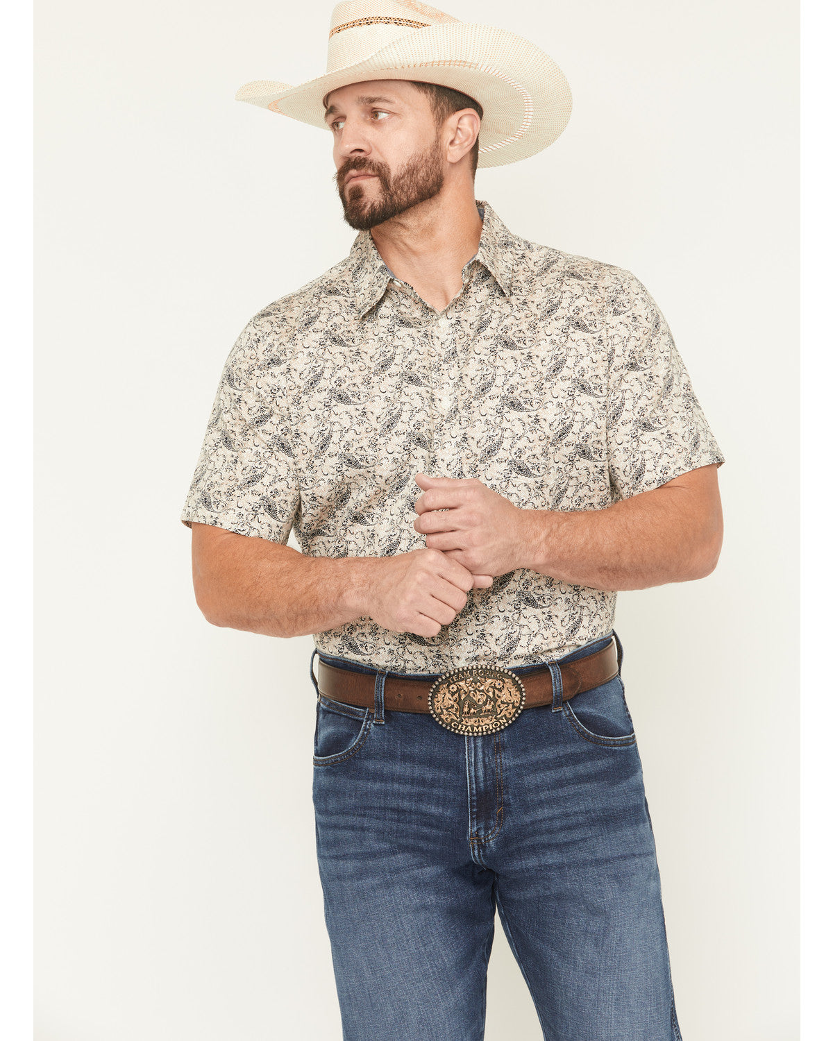 Men's Mustang Mode Paisley Print Short Sleeve Button-Down S Cream