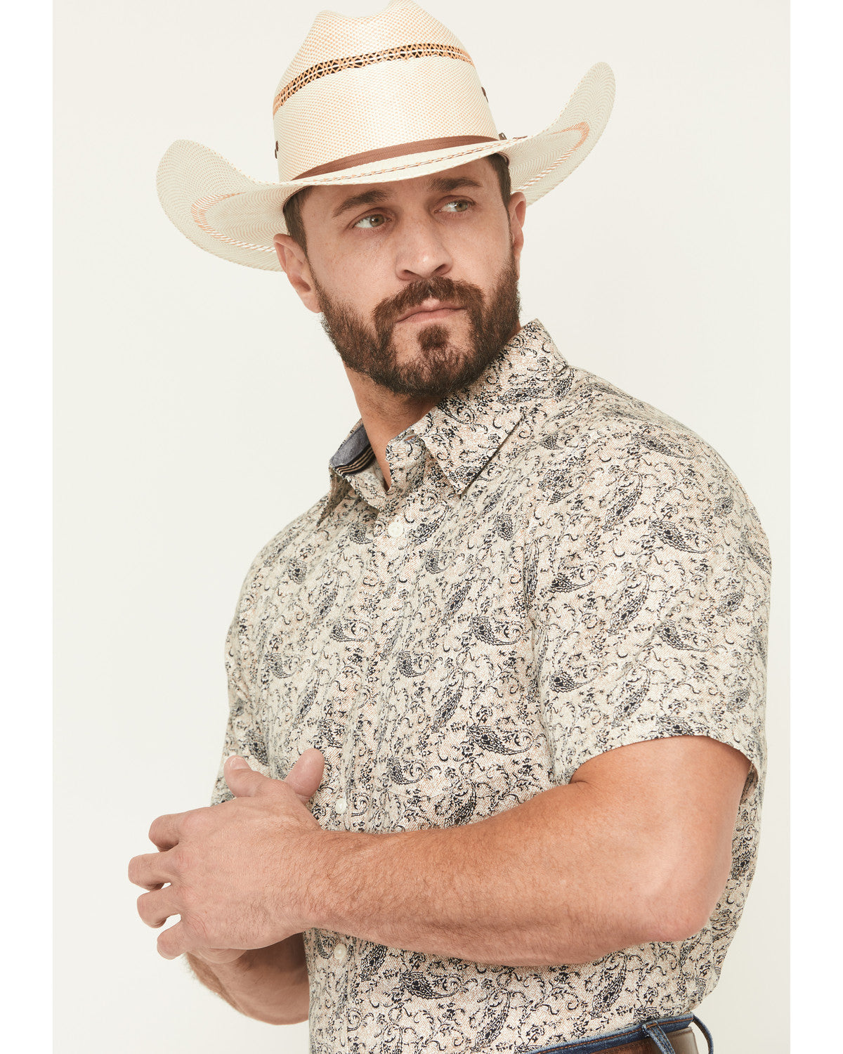 Men's Mustang Mode Paisley Print Short Sleeve Button-Down S Cream