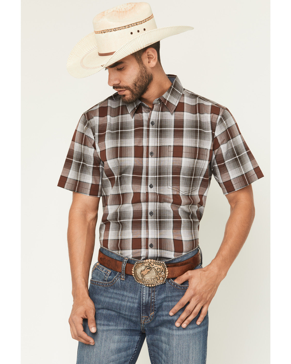 Men's Urban Rodeo Plaid Print Short Sleeve Button-Down West Brown
