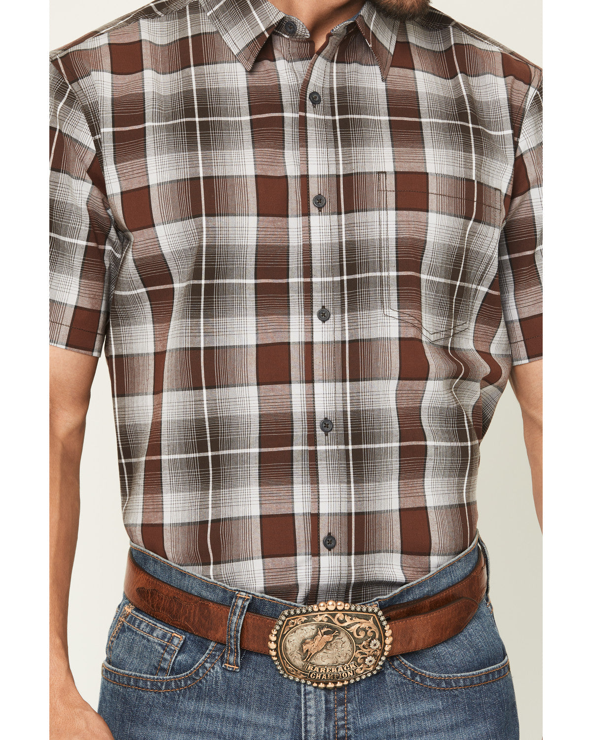 Men's Urban Rodeo Plaid Print Short Sleeve Button-Down West Brown