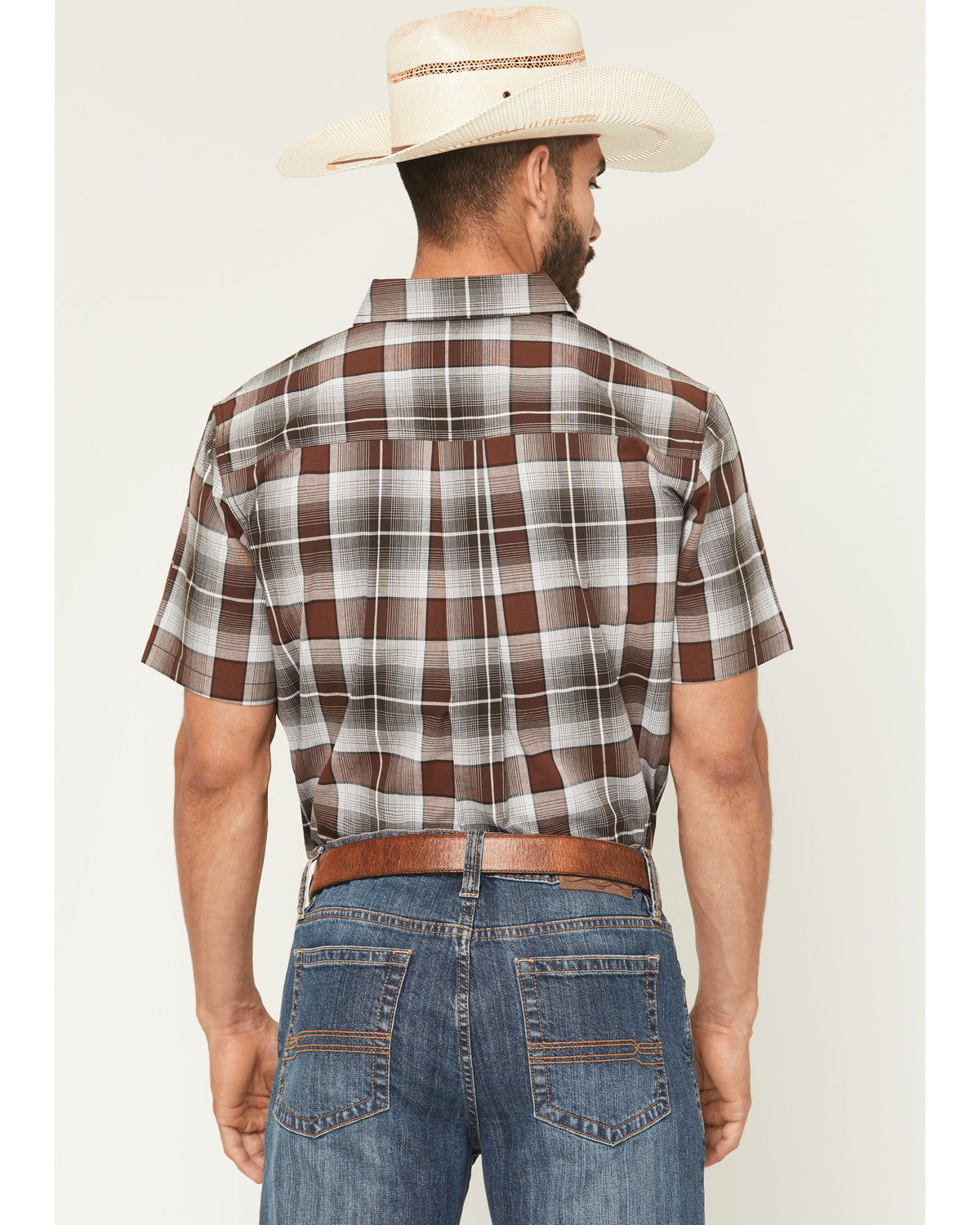 Men's Urban Rodeo Plaid Print Short Sleeve Button-Down West Brown