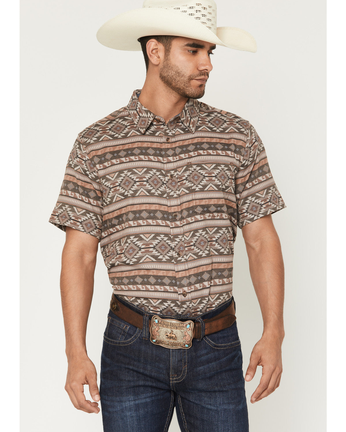 Men's Captain Southwestern Print Short Sleeve Button-Down S Brown
