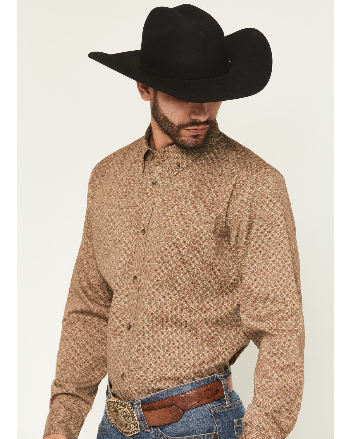 Men's Big Deal Geo Print Long Sleeve Button-Down Stretch We Lt Brown