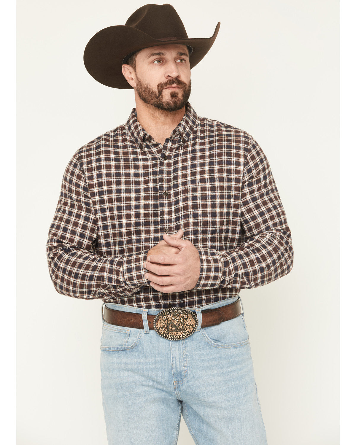 Men's Rodeo Ridge Plaid Print Long Sleeve Button-Down Stret Brown