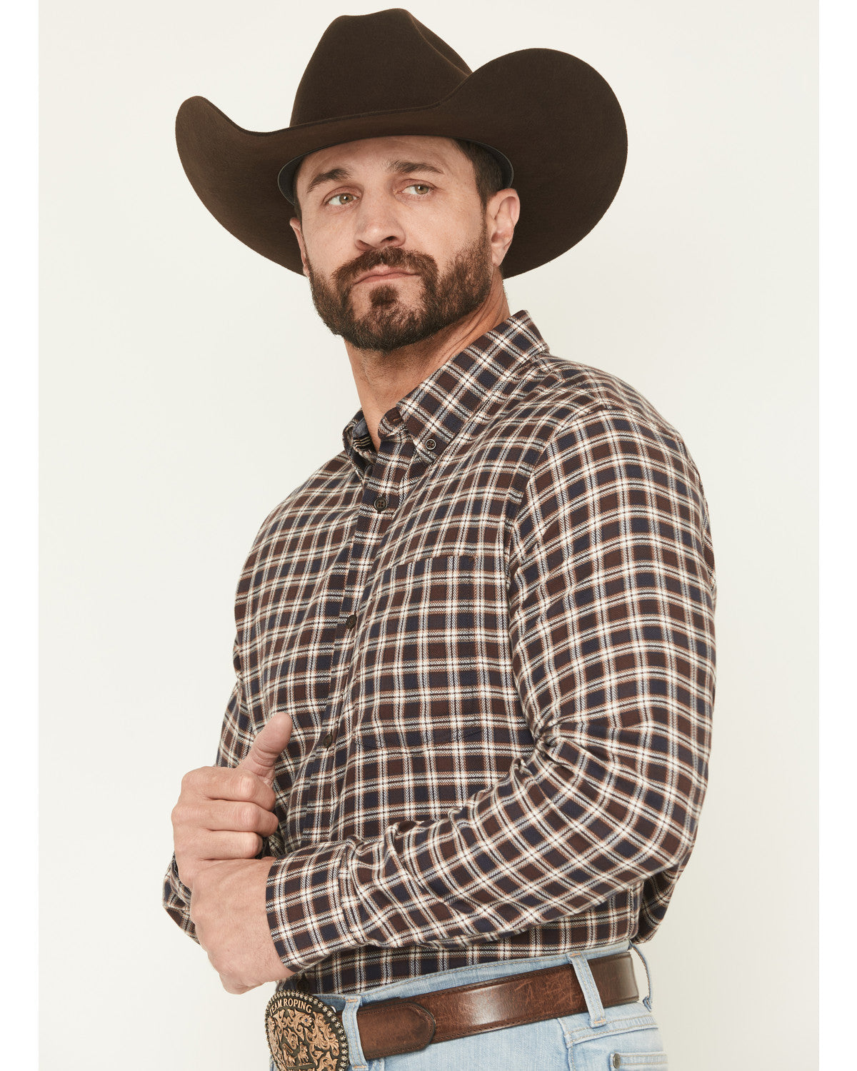 Men's Rodeo Ridge Plaid Print Long Sleeve Button-Down Stret Brown