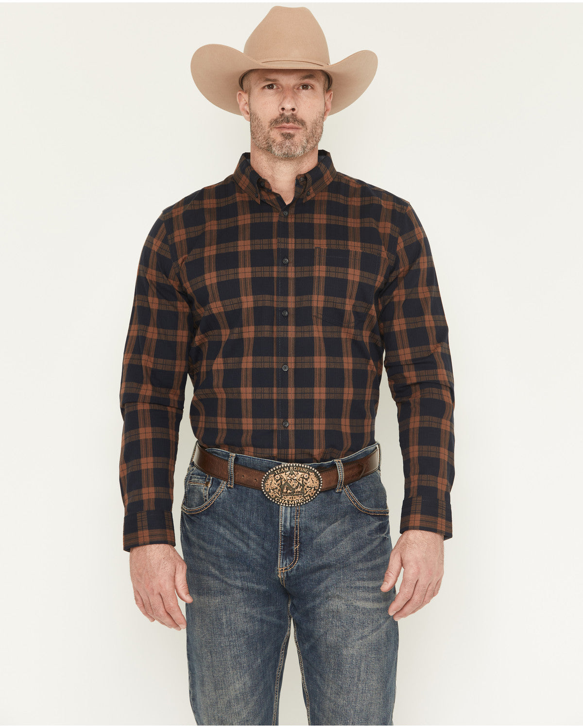 Men's Rodeo Frontier Plaid Print Long Sleeve Button-Down St Navy